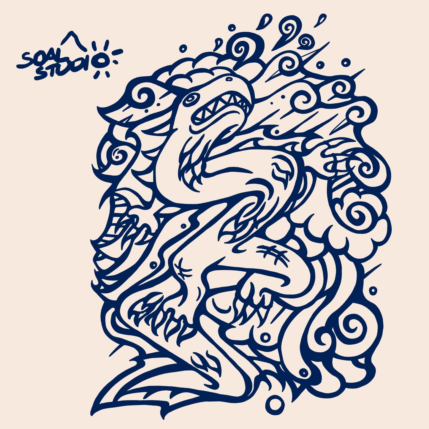 SOAL Studio batch #1 colourline - Beige and Navy blue dragon example. Decorative dragon design with intricate patterns on a beige background, featuring the brand 'Soul Studio'.