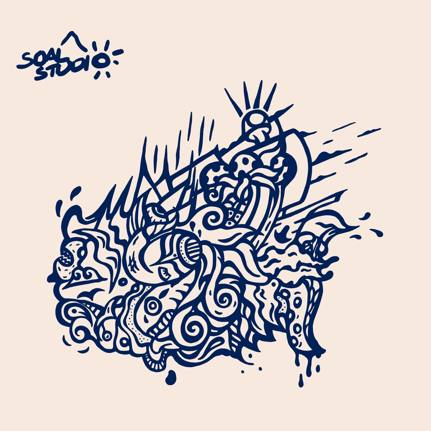 SOAL Studio batch #1 colourline - Beige and Navy blue Seawave example.Abstract blue line art design on a beige background with 'soal studio' logo.