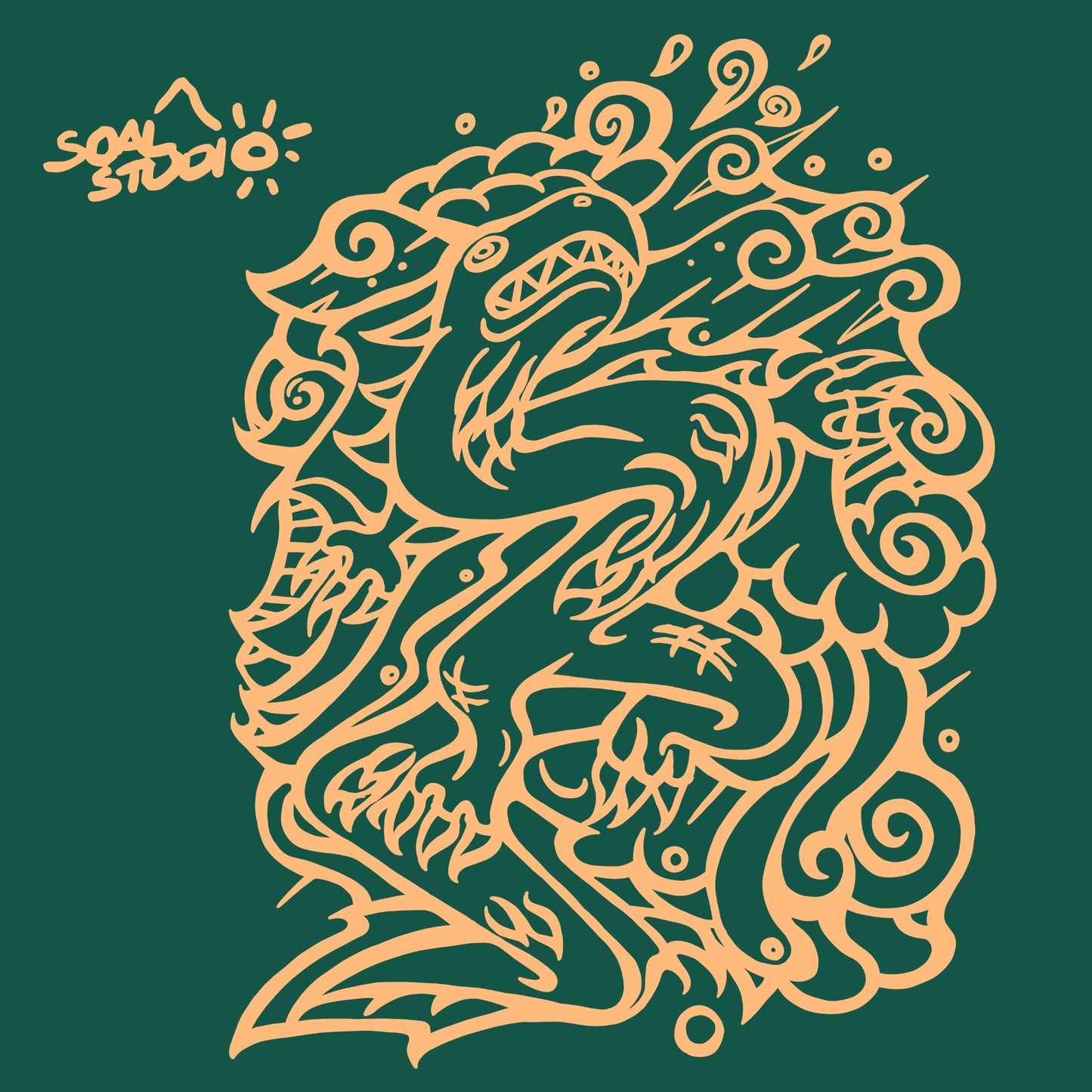 SOAL Studio batch #1 colourline - Forest Green and Pastel Orange Dragon example.Decorative dragon design in orange on a green background with 'soal studio' logo.