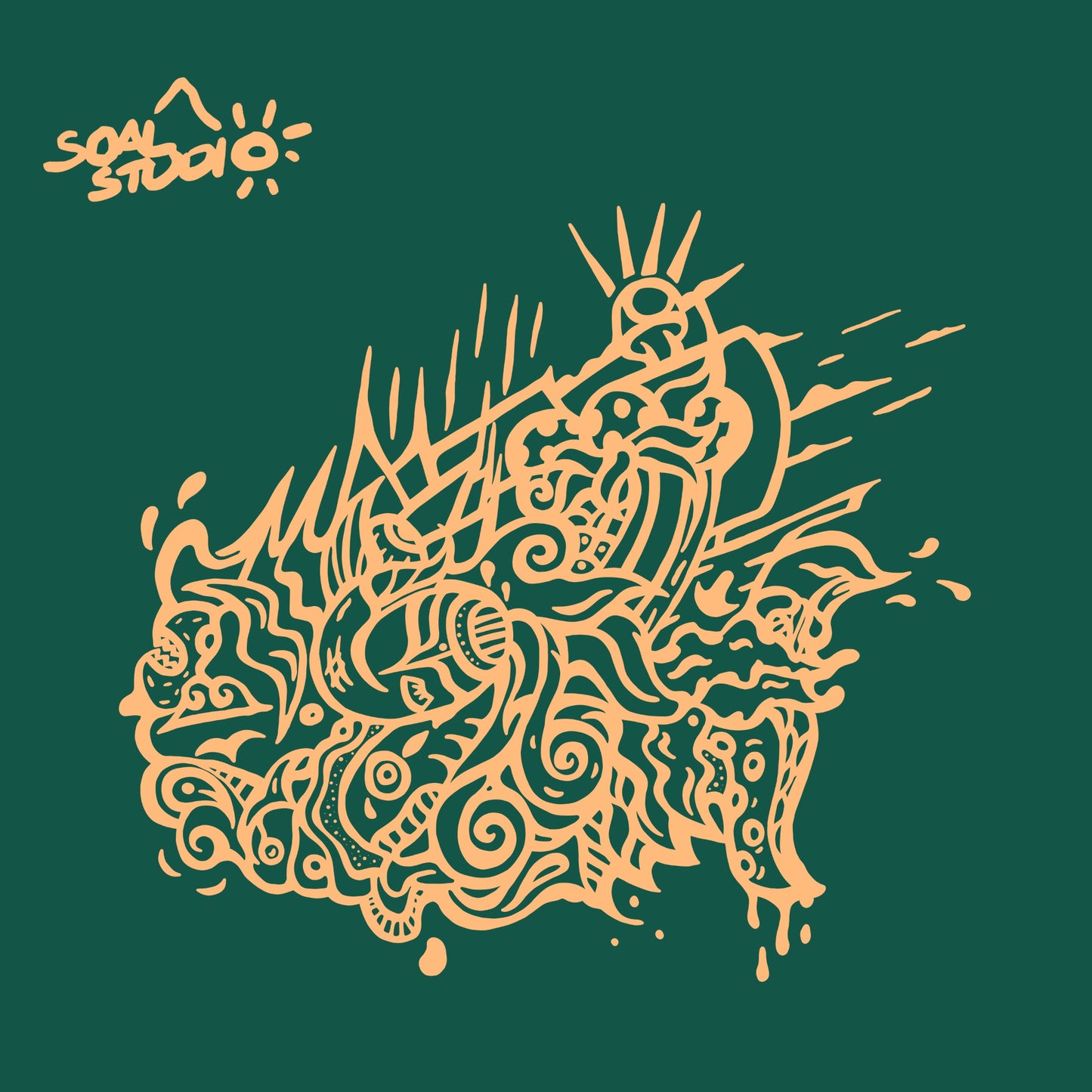 SOAL Studio batch #1 colourline - Green and orange Seawave example. Ornate design with abstract creature on a green background and orange line, featuring the 'soal studio' logo.