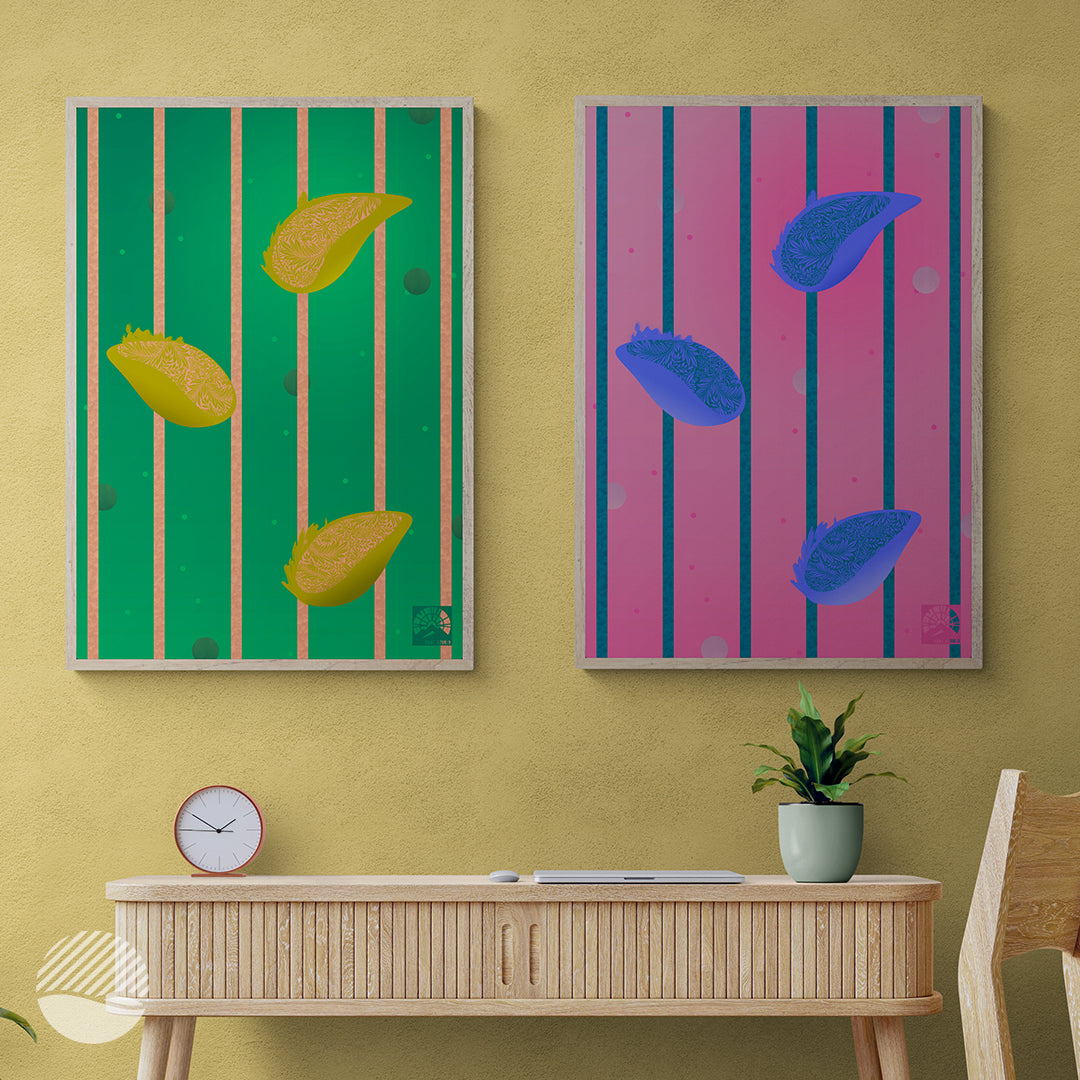 Living room mockup of Raining Lemons in Green and Pink art print by SOAL Studio on NOKUKO.com