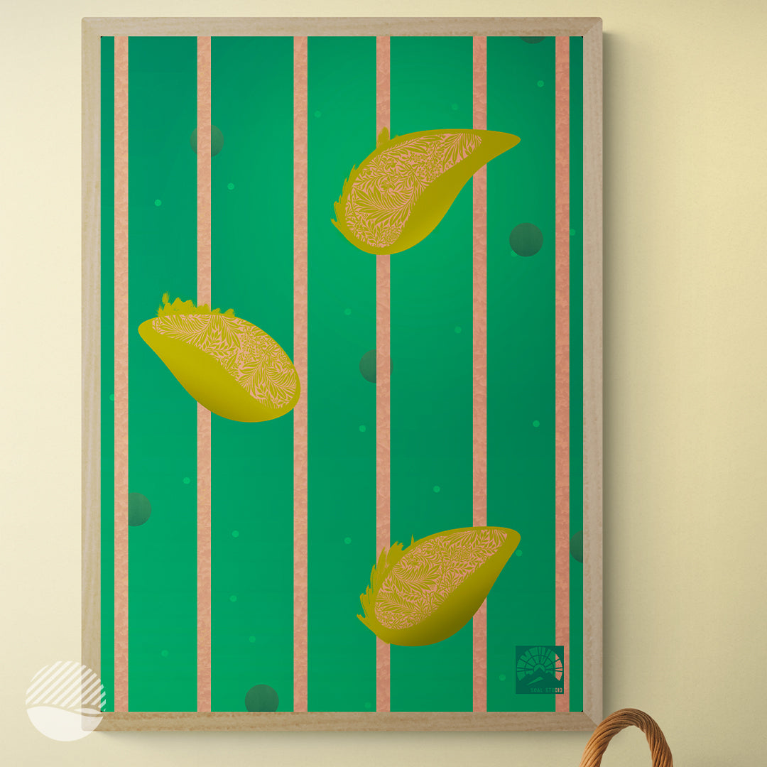 Living room mockup of Raining Lemons in Green art print by SOAL Studio on NOKUKO.com