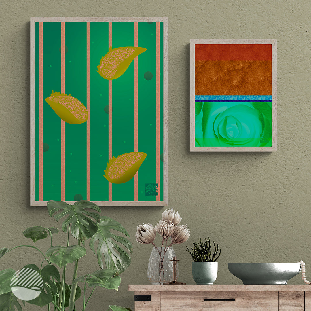 Living room mockup of Raining Lemons in Green and Wavy Roses print by SOAL Studio on NOKUKO.com