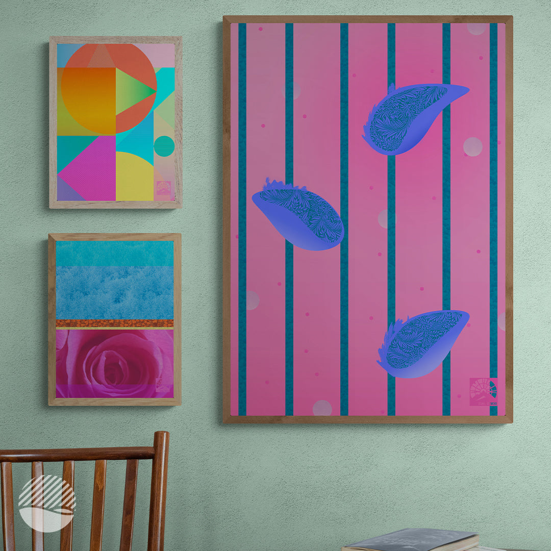 Living room mockup of Raining Lemons in Pink plus wavy roses and building colours art print by SOAL Studio on NOKUKO.com