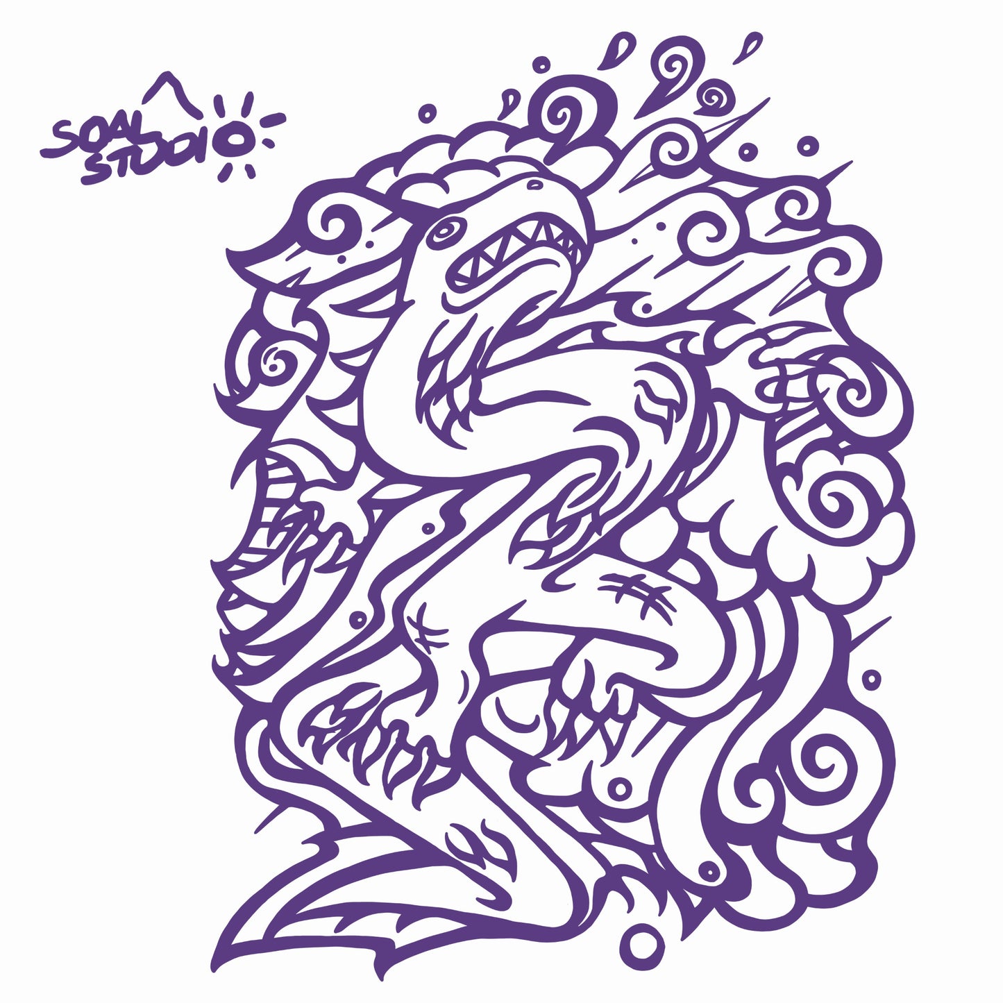 SOAL Studio batch #1 colourline - White and Purple Dragon example. Purple dragon illustration with 'SOA Studio' logo above on a white background