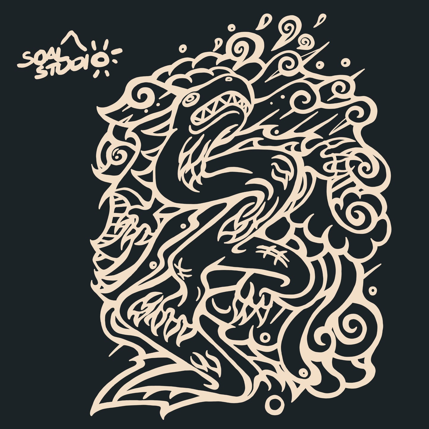 SOAL Studio batch #1 colourline - Black and Off-white Dragon example. Decorative dragon design on a black background with 'Soul Studio' logo.