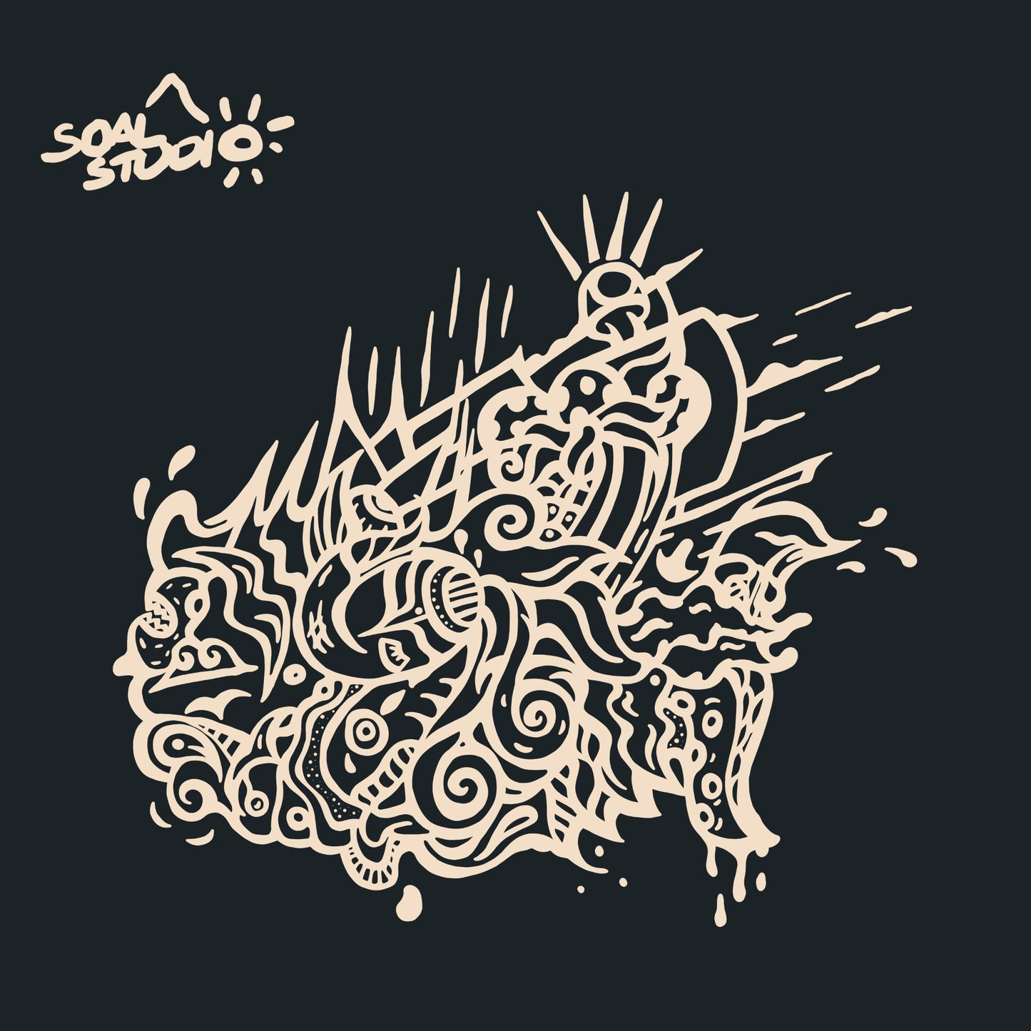 SOAL Studio batch #1 colourline - Black and offwhite seawave example. Decorative abstract design with intricate patterns on a black background, featuring the 'soal studio' logo.
