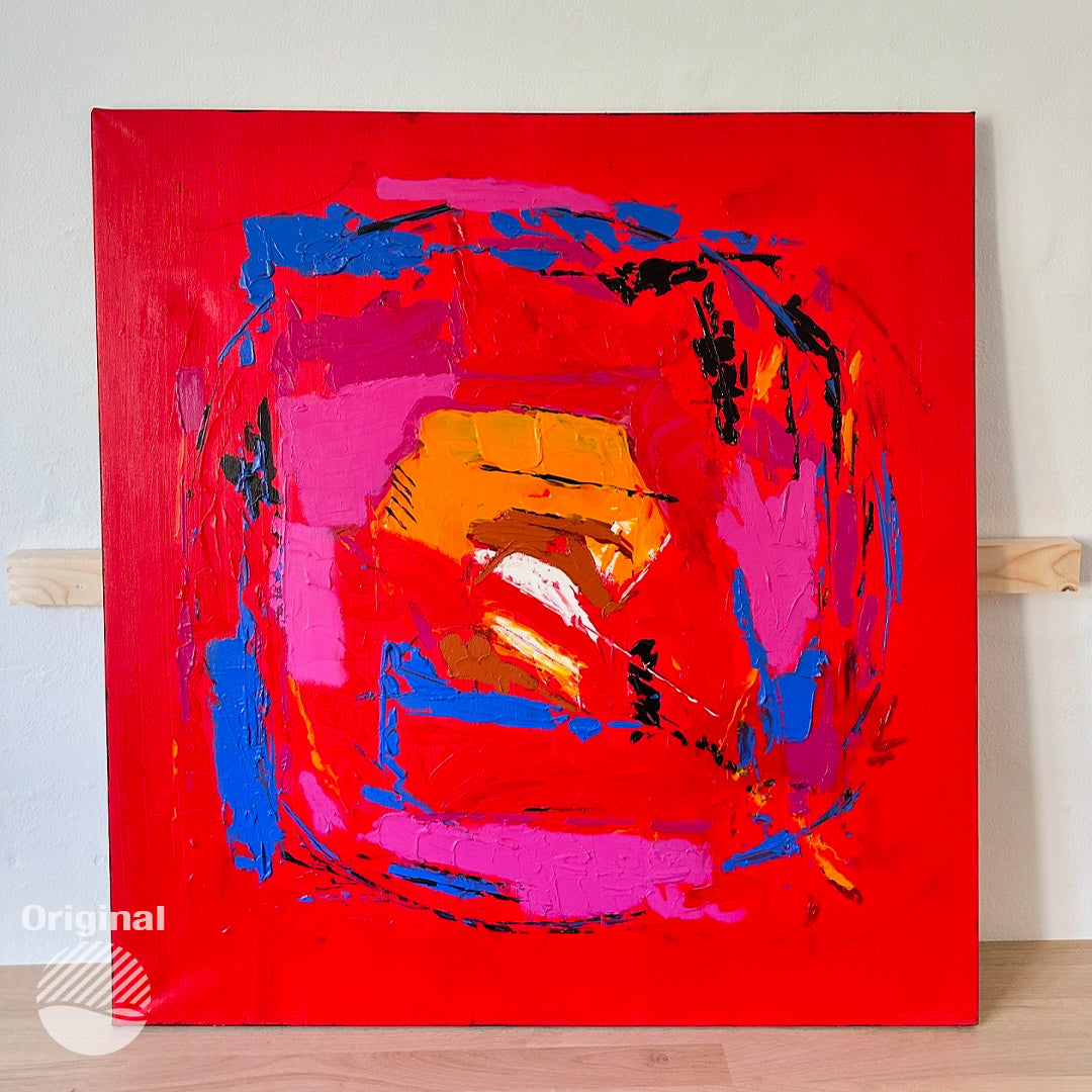 Abstract no.7 by Lis Lauendorf, original oil painting with a ring of pink and blue on a red ground