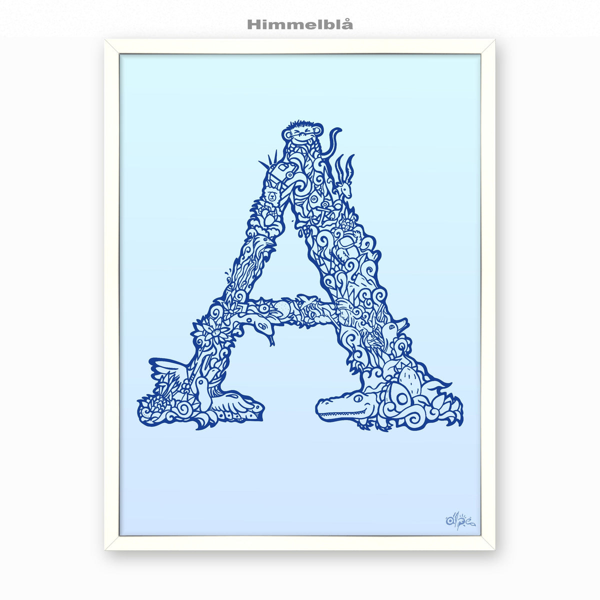 A, Danish Edition by Alpe in the Himmelblå edition, shown in a White wood frame with an acrylic front