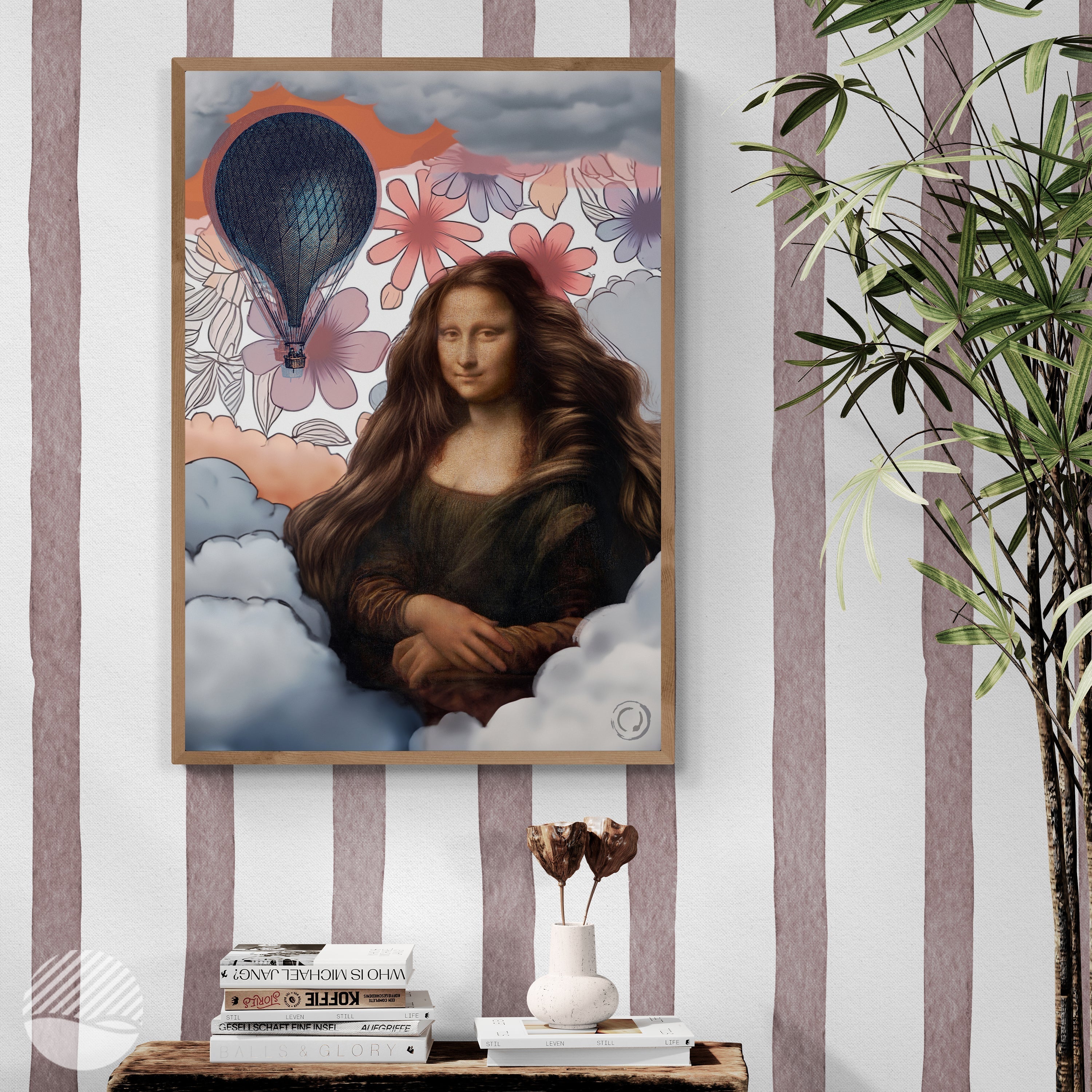 Among the Clouds Monai Lisai art print by Pública Rework displayed in a hallway with striped walls