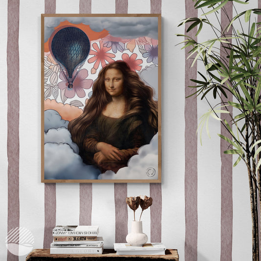Among the Clouds Monai Lisai art print by Pública Rework displayed in a hallway with striped walls