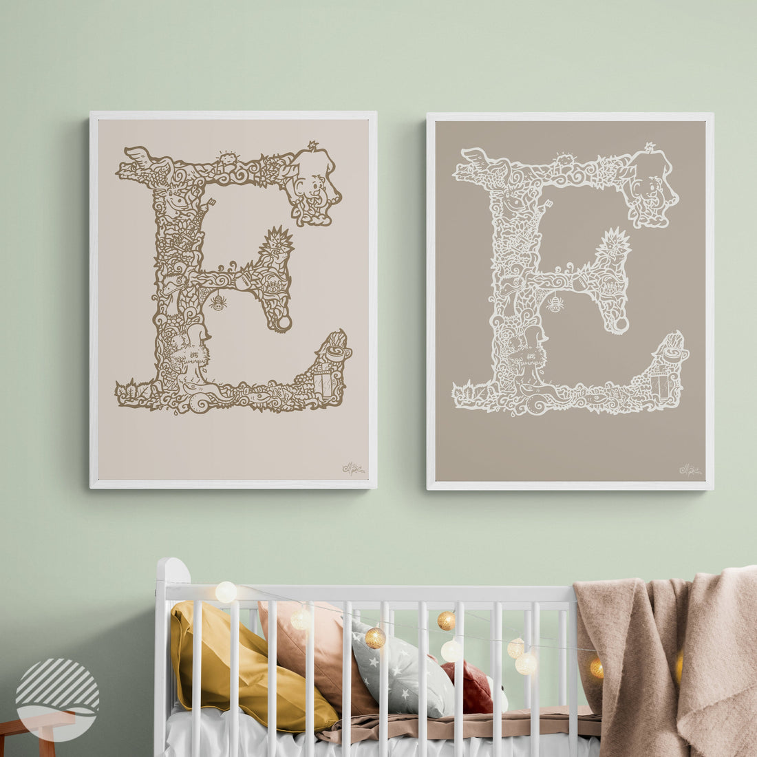 E Danish Edition by Alpe art print displayed in a children's room interior setting