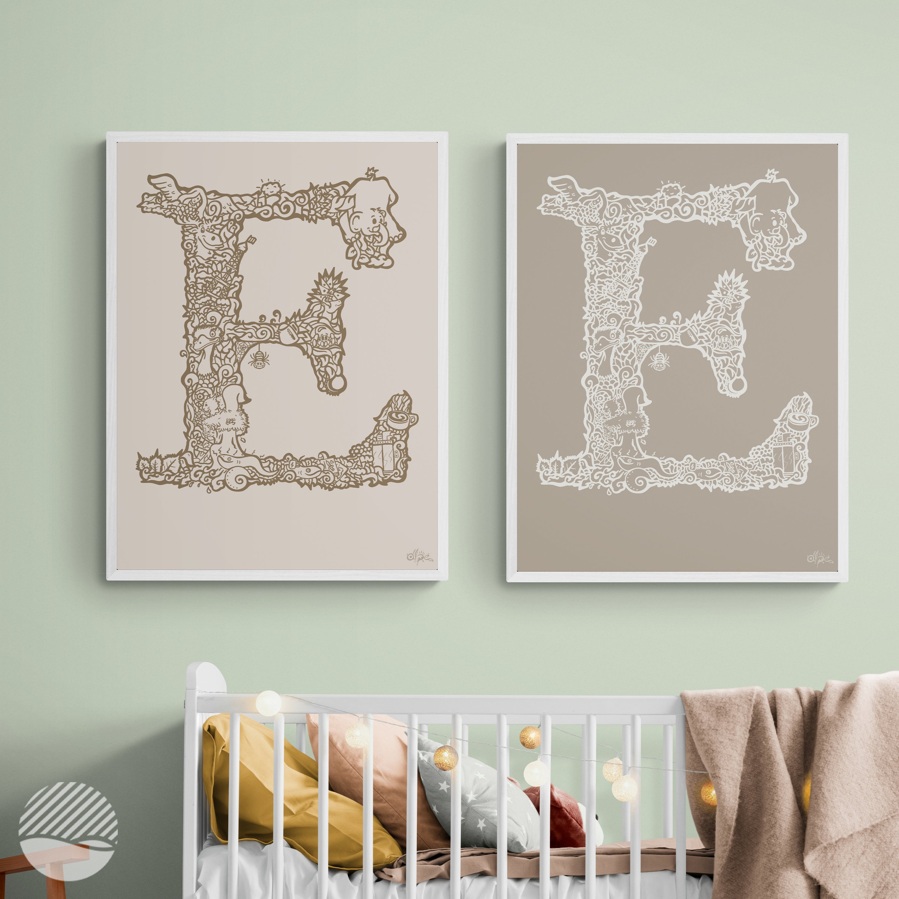 E Danish Edition by Alpe art print displayed in a children's room interior setting