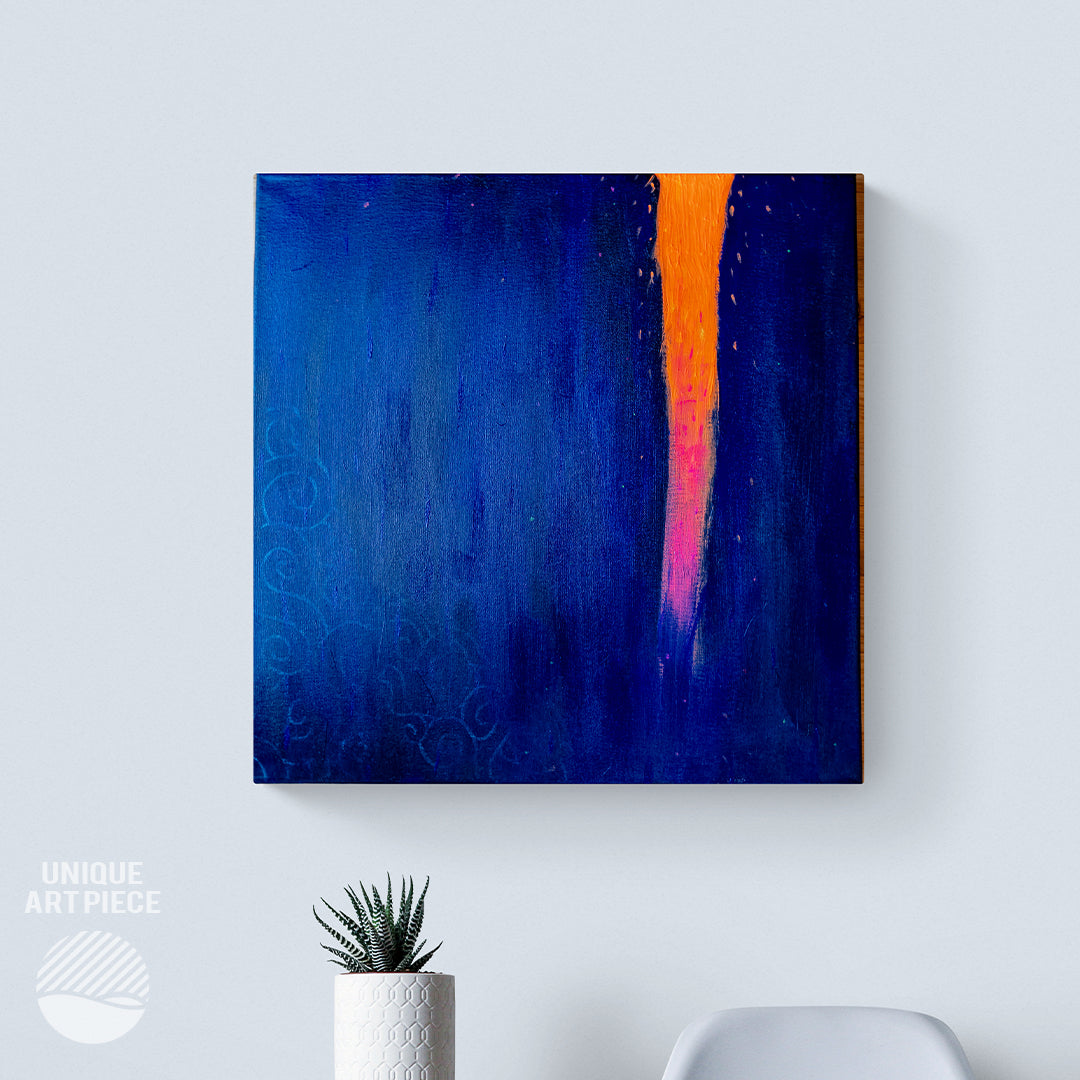 When Forces Collide by Alantherock, an original acrylic painting in orange and deep blue on a wall