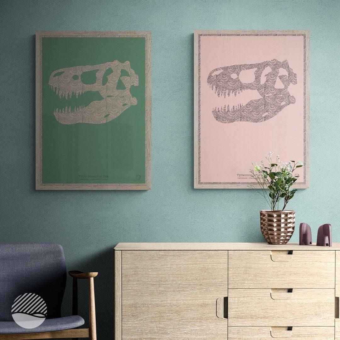 Patterns of Ancient Life Colour Edition, Green Pink and Rosa Grey prints framed above a sideboard