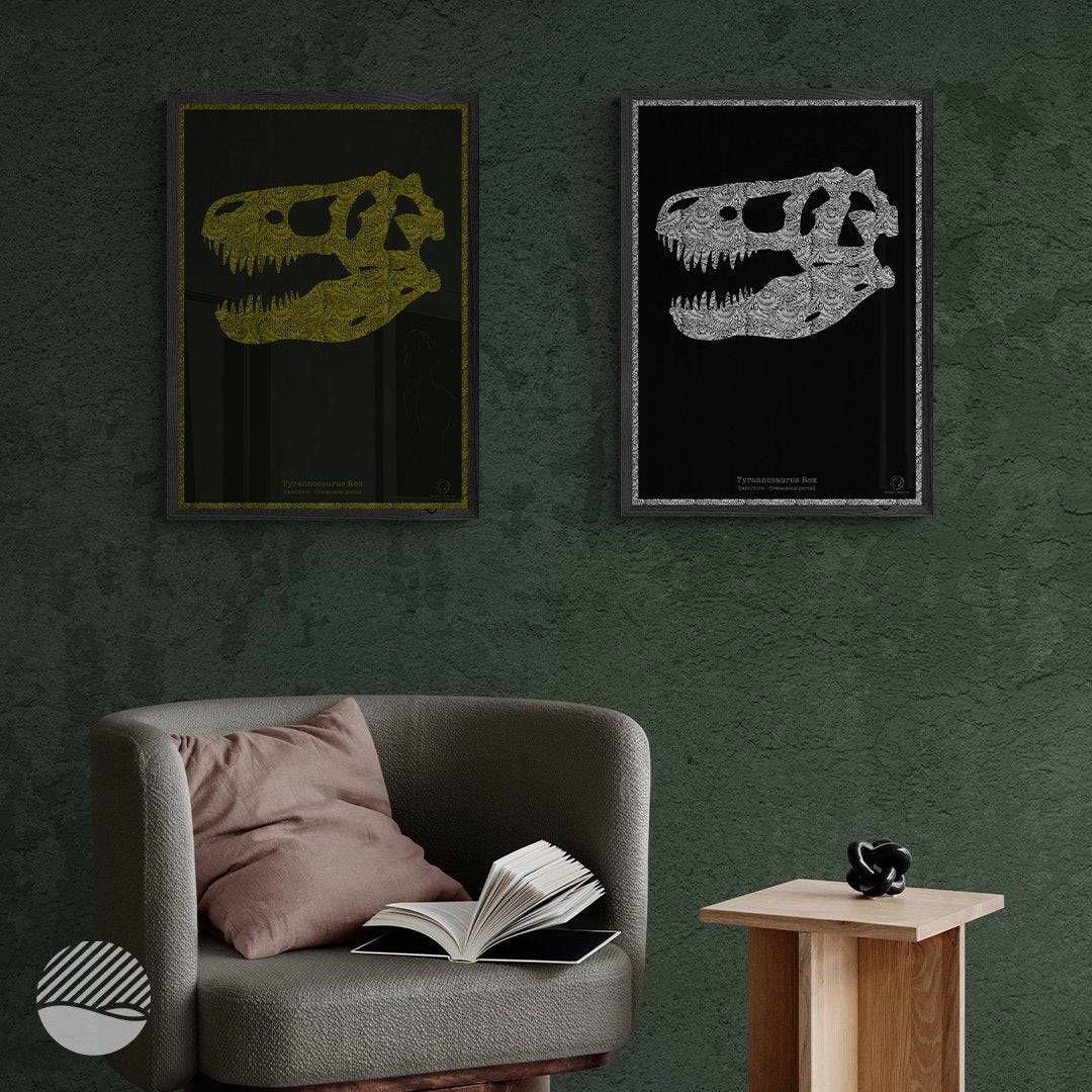 Patterns of Ancient Life Dark Edition in both colourways, framed side by side on a dark green wall