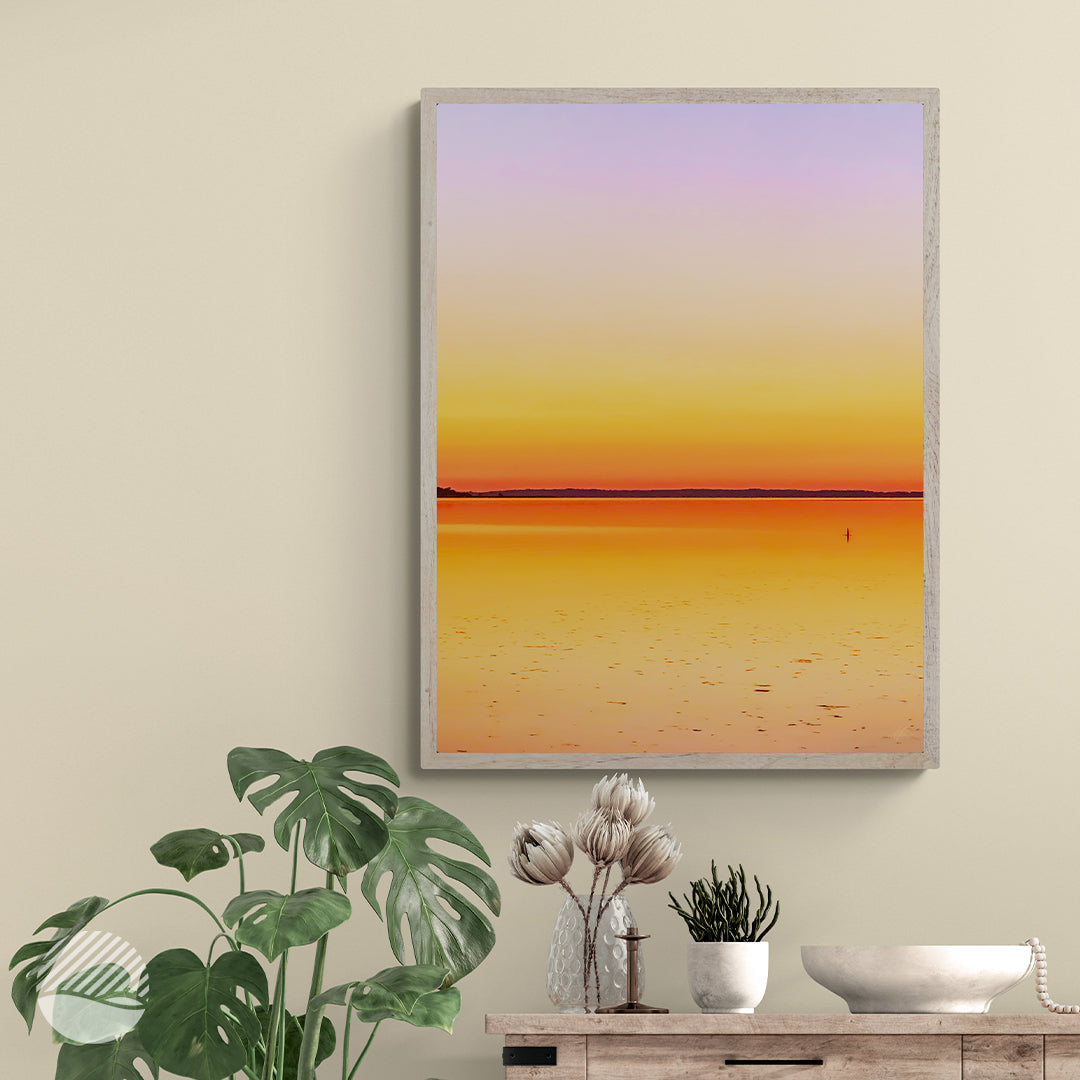 Sunset Reflection by Alantherock, framed photo print of a still sunset sea above a hallway console
