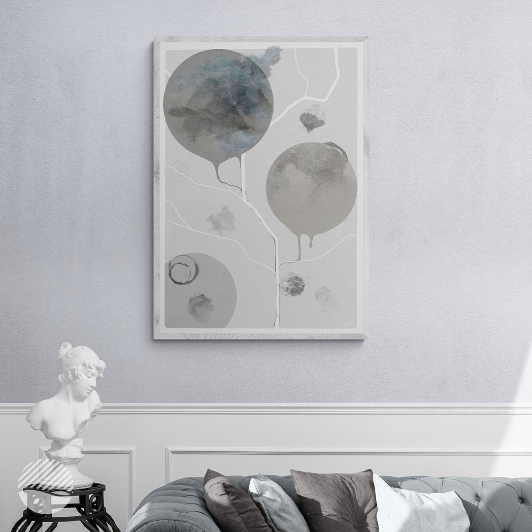 Finding Paths Grey Edition art print by Alantherock hanging on a pale grey wall above a grey sofa