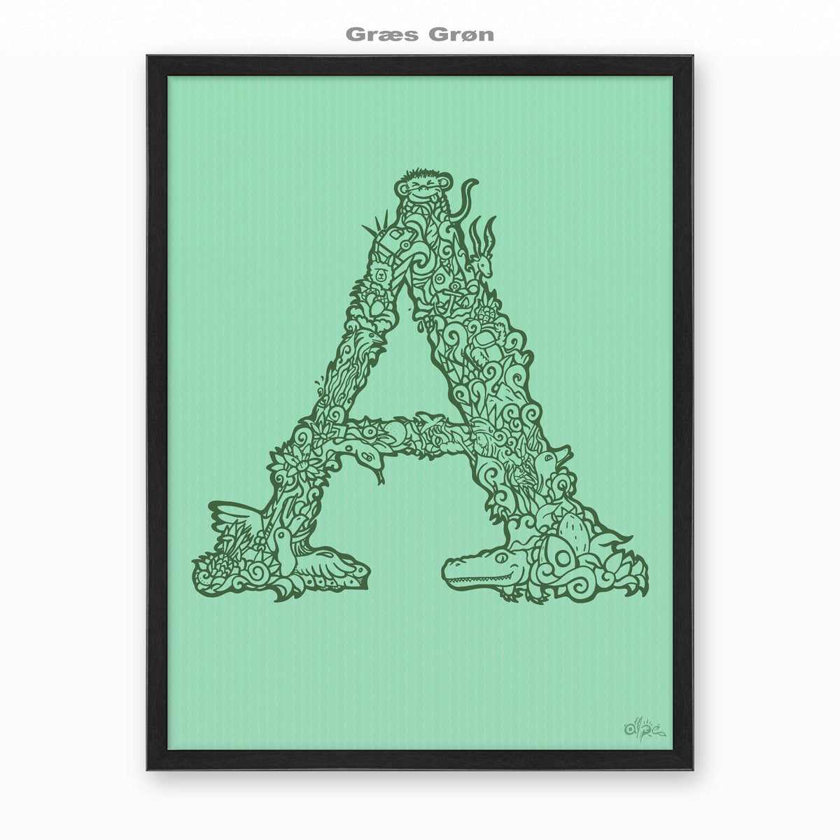 A, Danish Edition by Alpe, Græs Grøn, in a Black frame