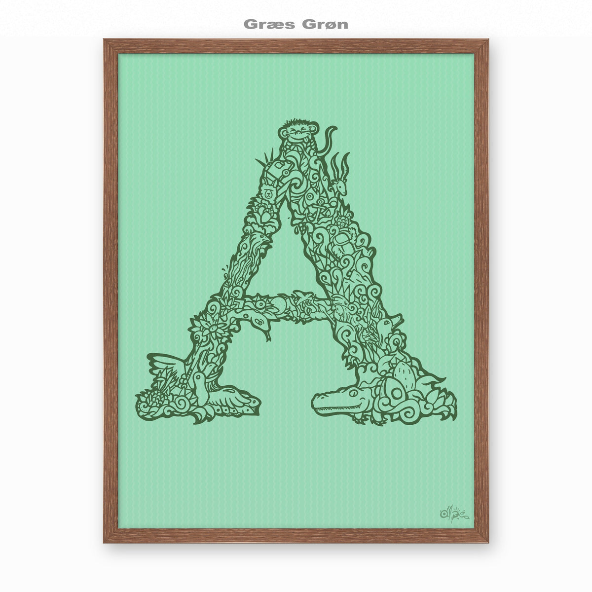 A, Danish Edition by Alpe, Græs Grøn, in a Dark Oak frame