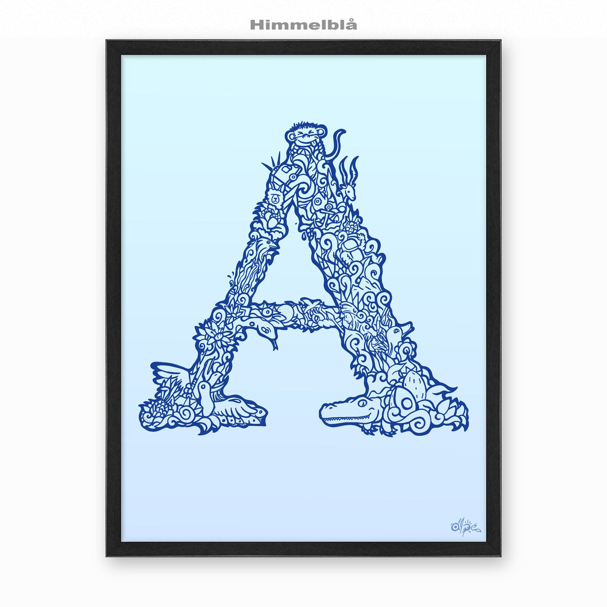 A, Danish Edition by Alpe, Himmelblå, in a Black frame
