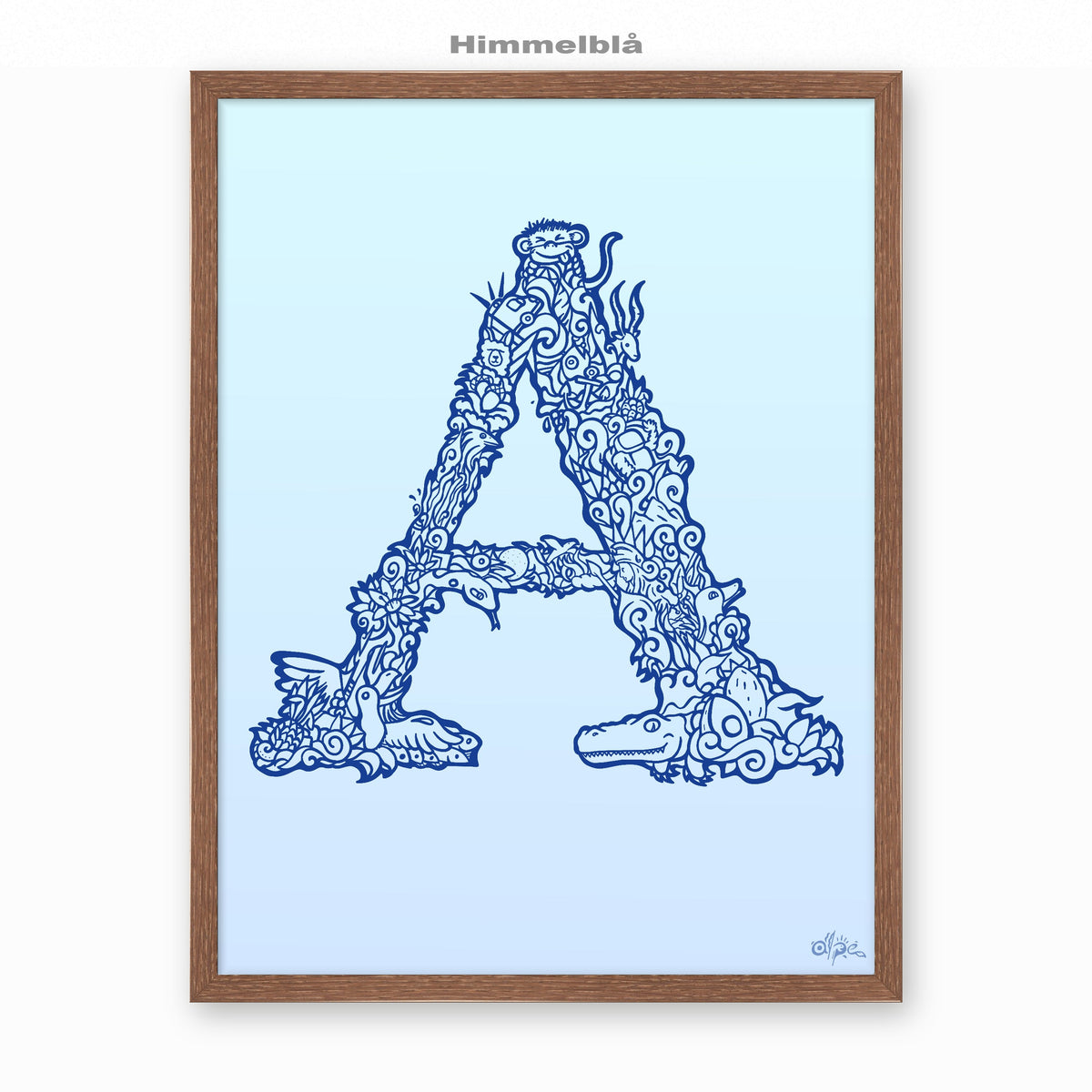 A, Danish Edition by Alpe, Himmelblå, in a Dark Oak frame