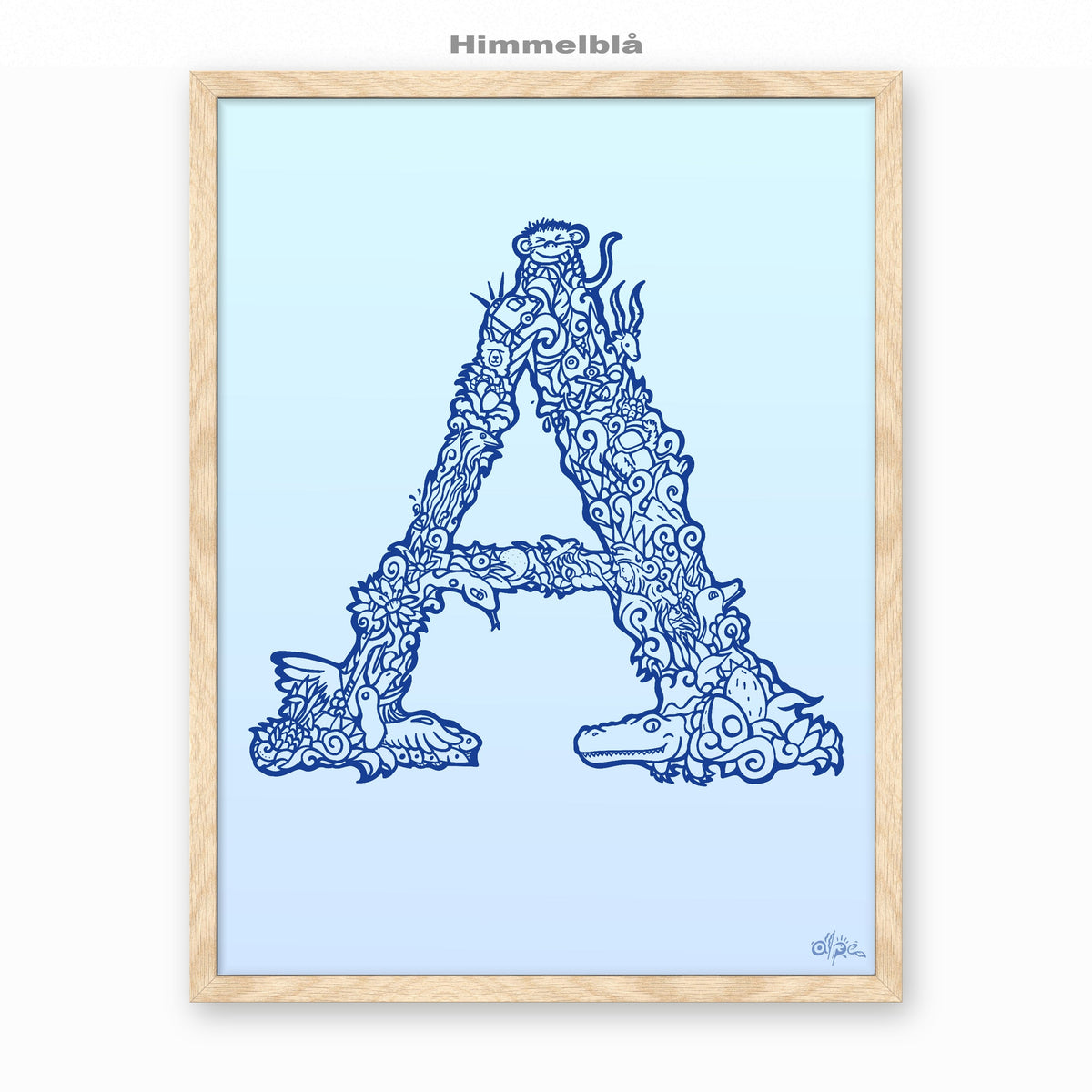A, Danish Edition by Alpe, Himmelblå, in an Oak frame