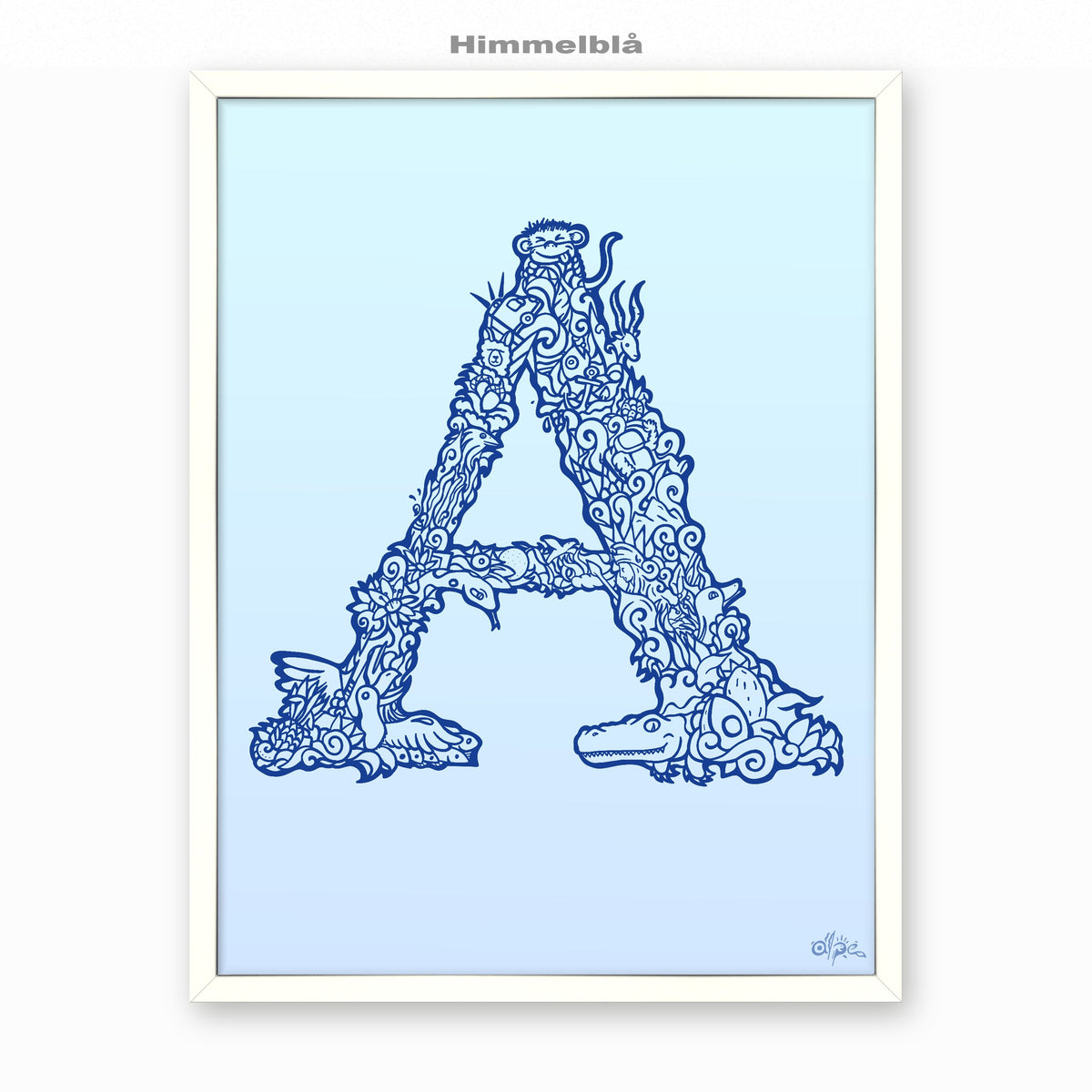 A, Danish Edition by Alpe, Himmelblå, in a White frame