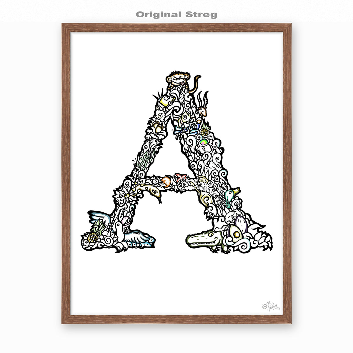 A, Danish Edition by Alpe, Original Streg, in a Dark Oak frame