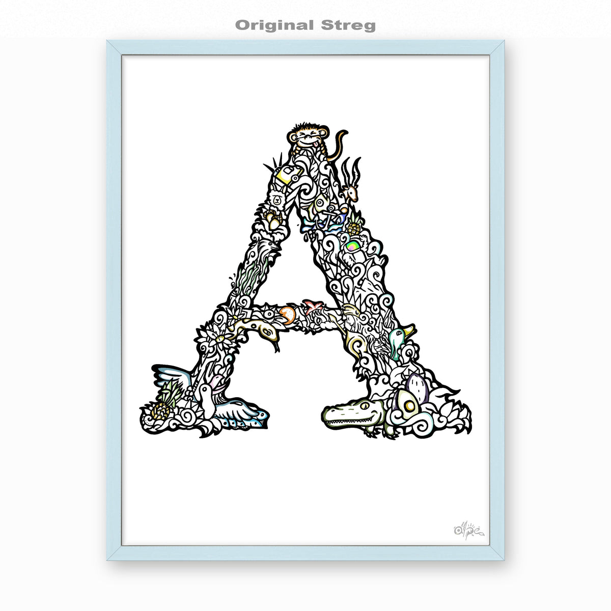 A, Danish Edition by Alpe, Original Streg, in a Sky Blue frame