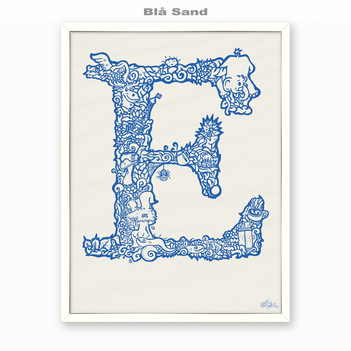 E, Danish Edition by Alpe, Blå Sand, in a White frame