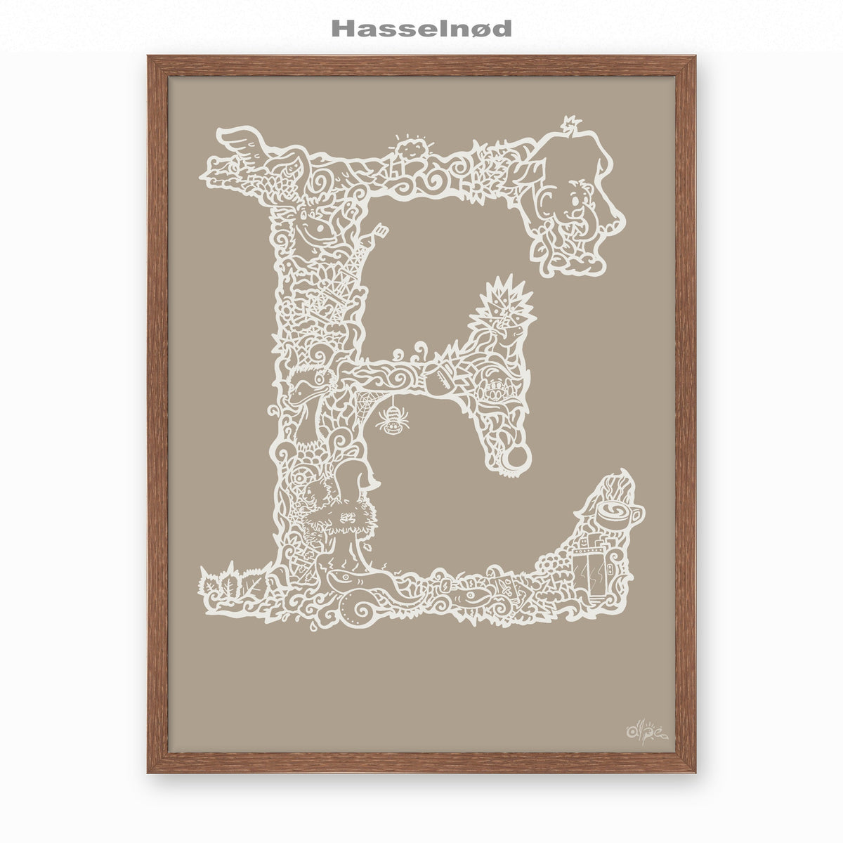 E, Danish Edition by Alpe, Hasselnød, in a Dark Oak frame