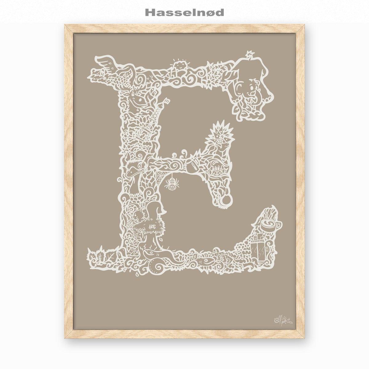 E, Danish Edition by Alpe, Hasselnød, in an Oak frame