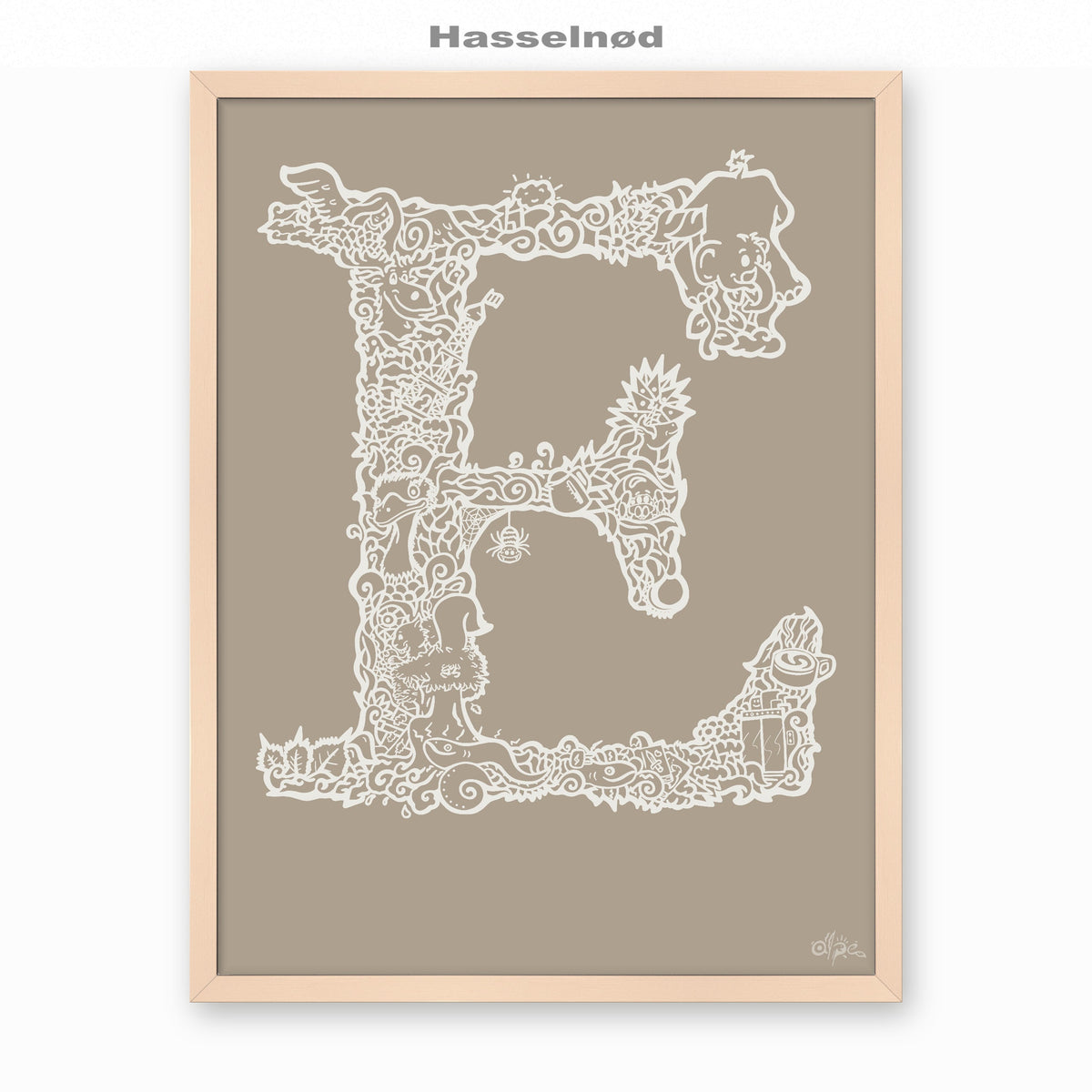 E, Danish Edition by Alpe, Hasselnød, in a Rose frame