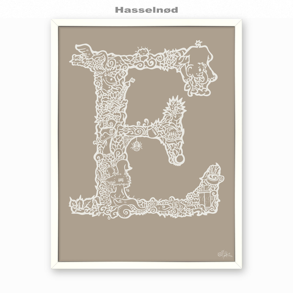 E, Danish Edition by Alpe, Hasselnød, in a White frame