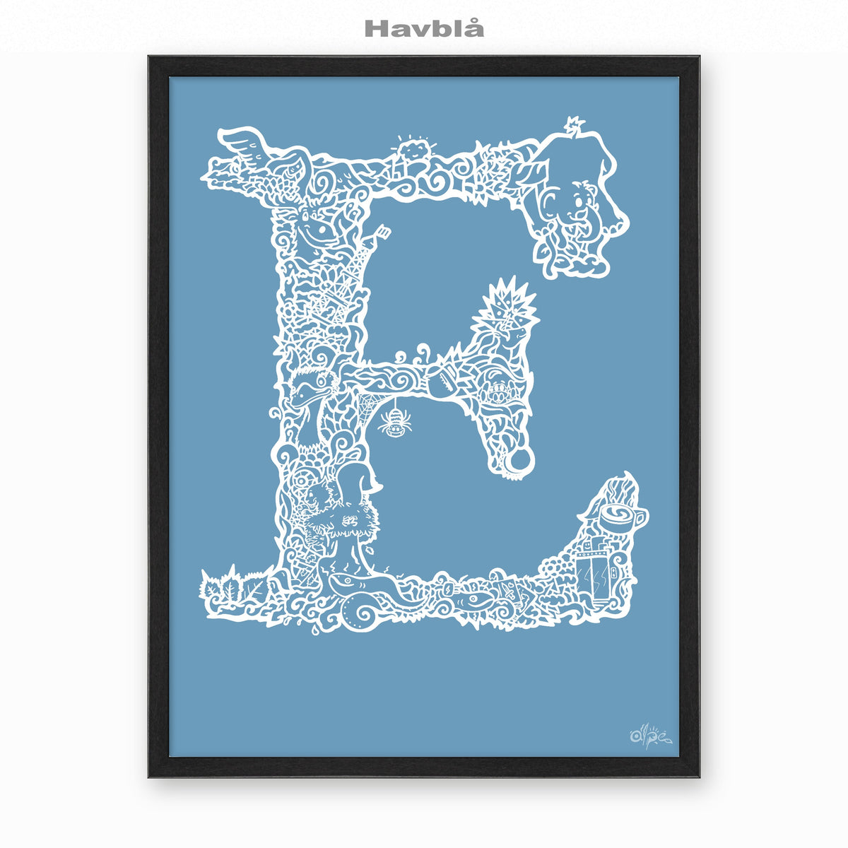 E, Danish Edition by Alpe, Havblå, in a Black frame