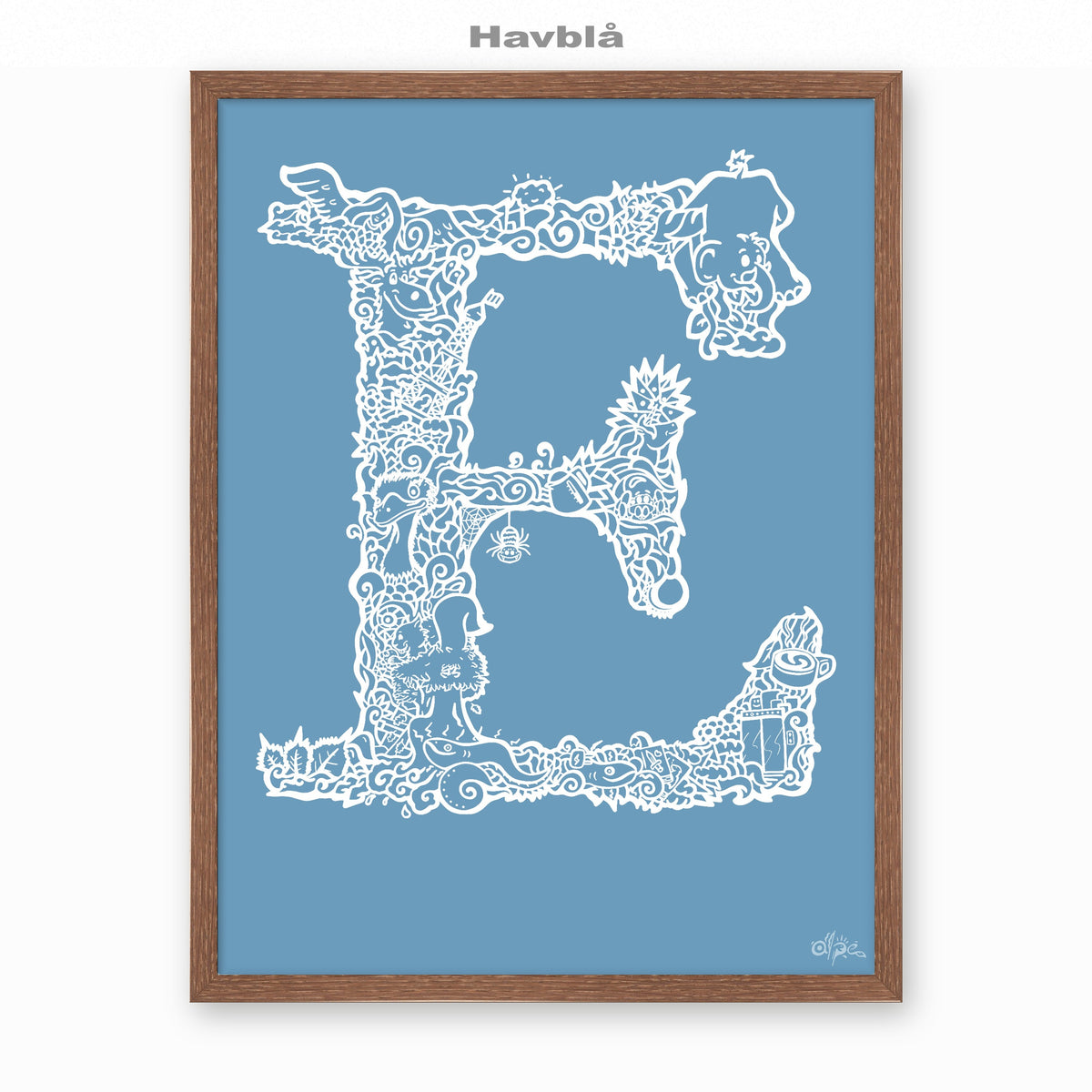 E, Danish Edition by Alpe, Havblå, in a Dark Oak frame