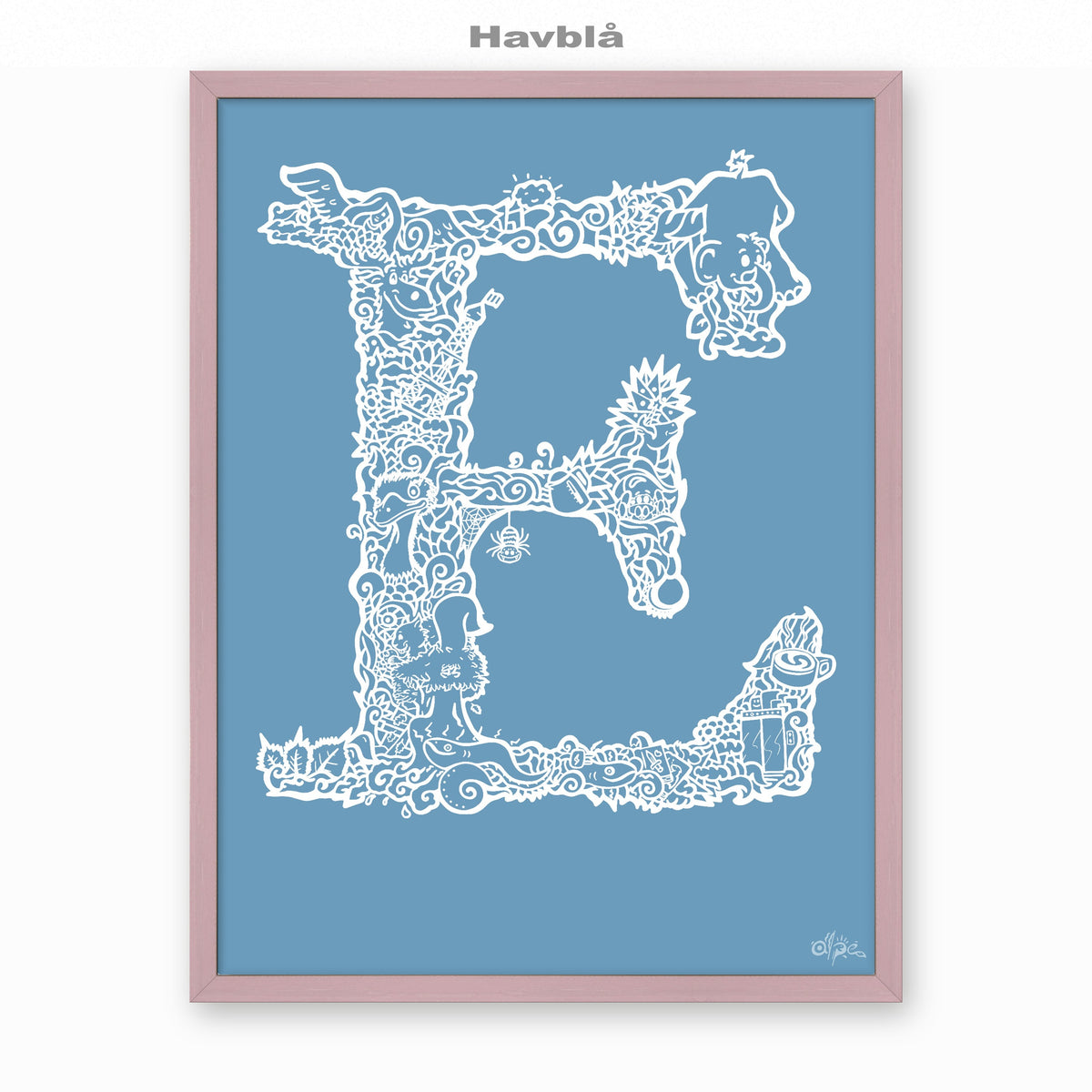 E, Danish Edition by Alpe, Havblå, in a Lilac frame