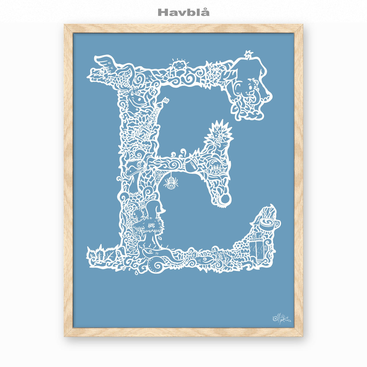 E, Danish Edition by Alpe, Havblå, in an Oak frame