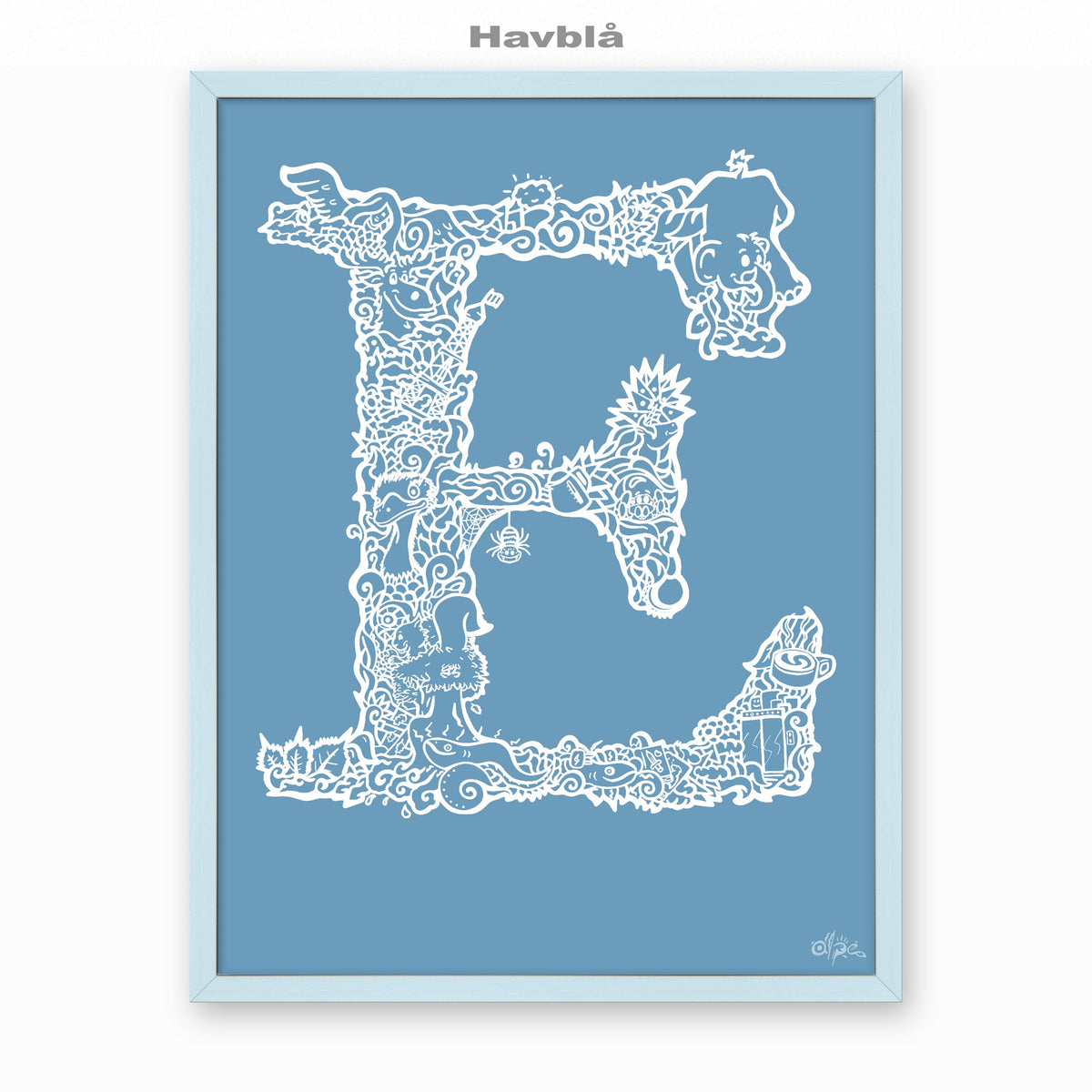 E, Danish Edition by Alpe, Havblå, in a Sky Blue frame