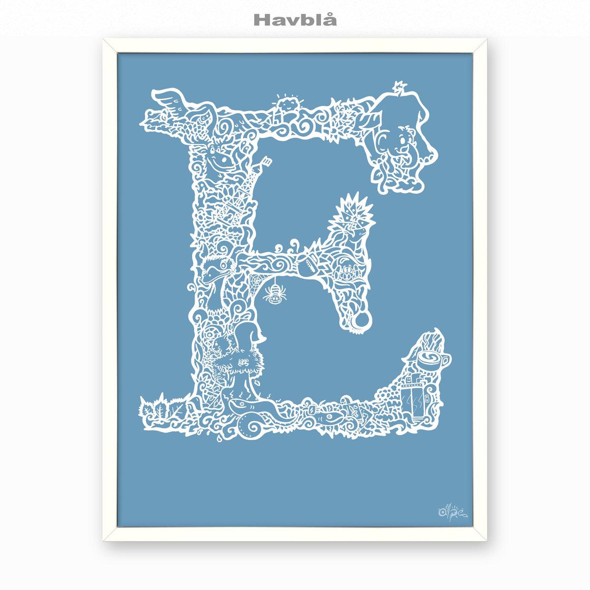 E, Danish Edition by Alpe, Havblå, in a White frame