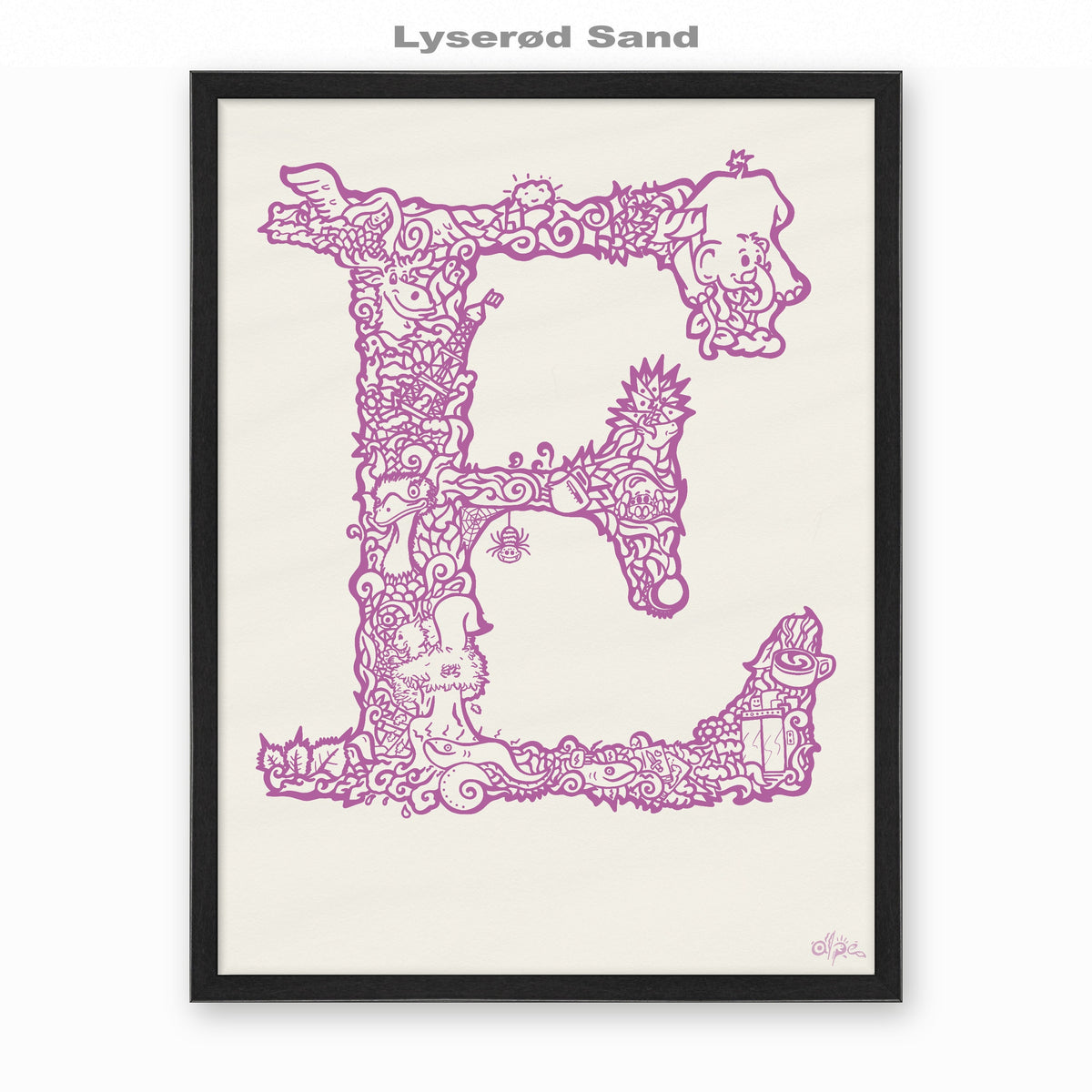 E, Danish Edition by Alpe, Lyserød Sand, in a Black frame