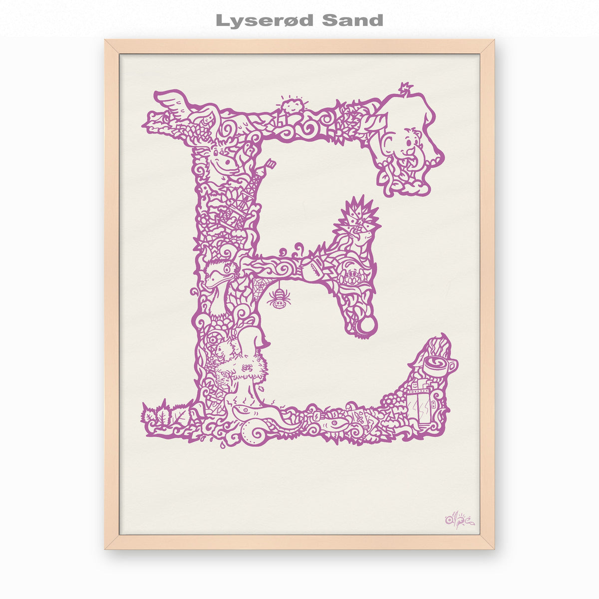 E, Danish Edition by Alpe, Lyserød Sand, in a Rose frame
