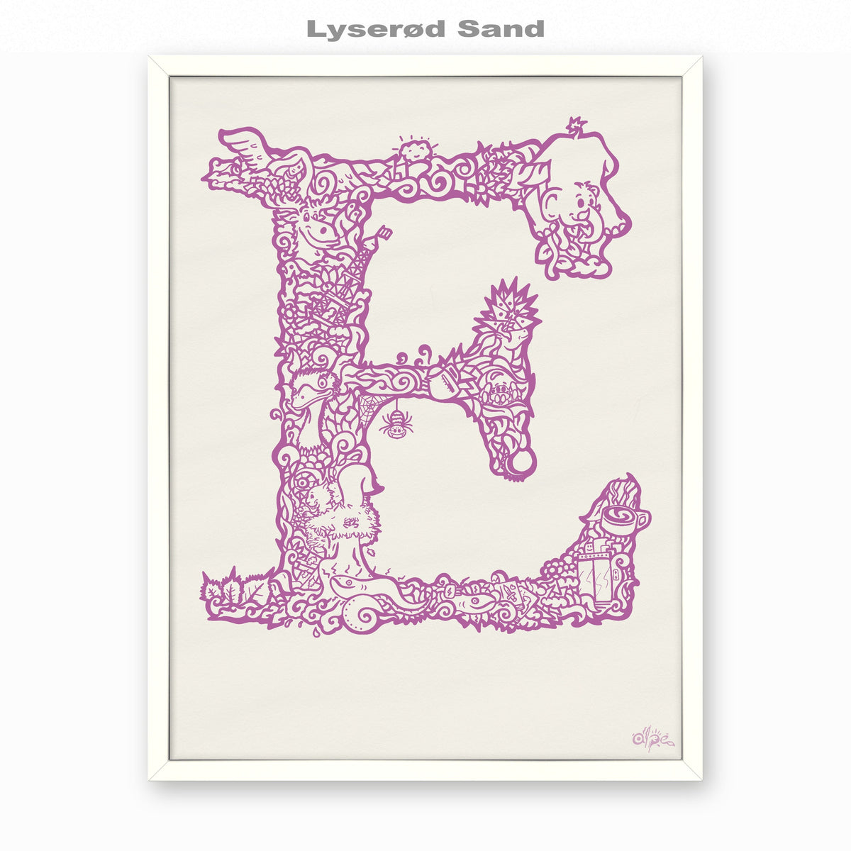 E, Danish Edition by Alpe, Lyserød Sand, in a White frame