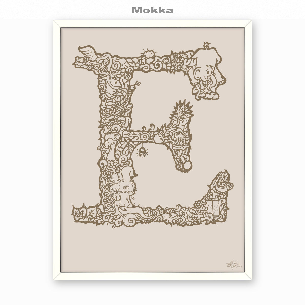 E, Danish Edition by Alpe, Mokka, in a White frame