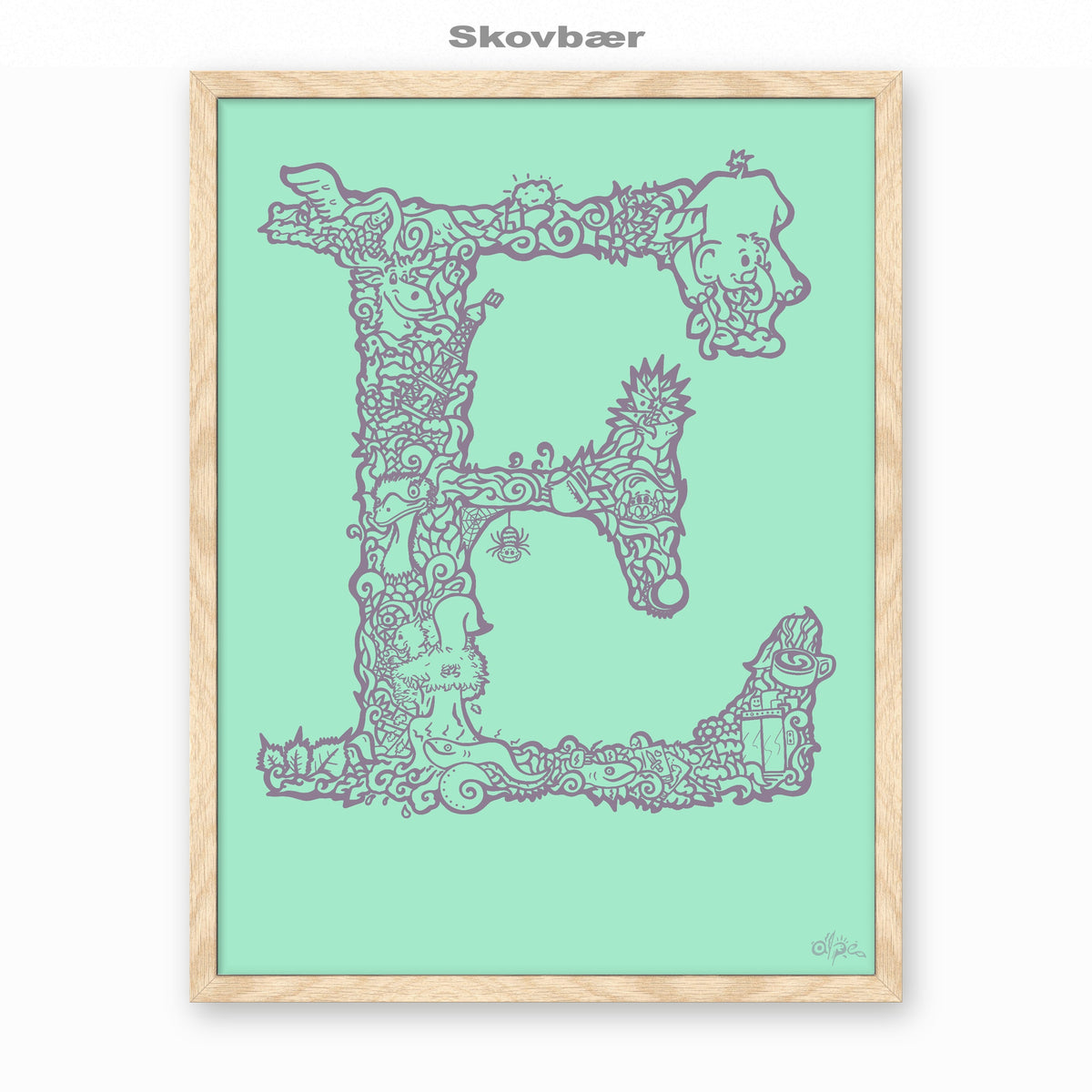 E, Danish Edition by Alpe, Skovbær, in an Oak frame