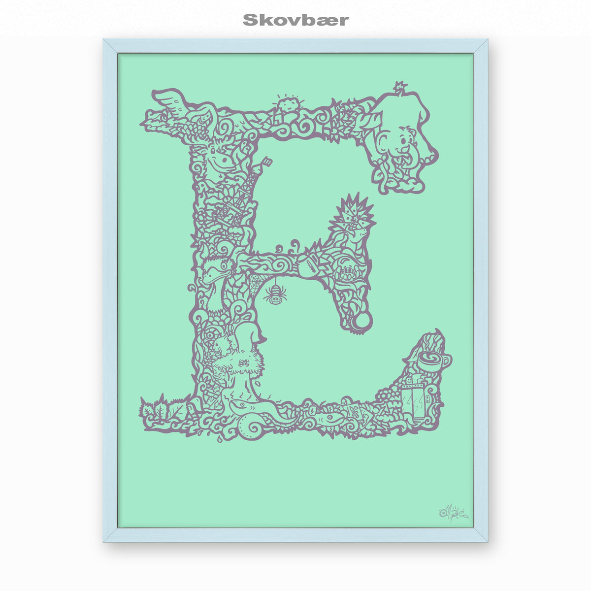 E, Danish Edition by Alpe, Skovbær, in a Sky Blue frame