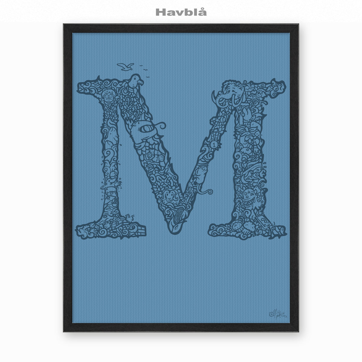 M, Danish Edition by Alpe, Havblå, in a Black frame