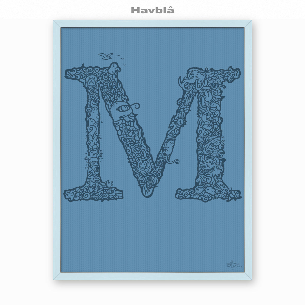 M, Danish Edition by Alpe, Havblå, in a Sky Blue frame