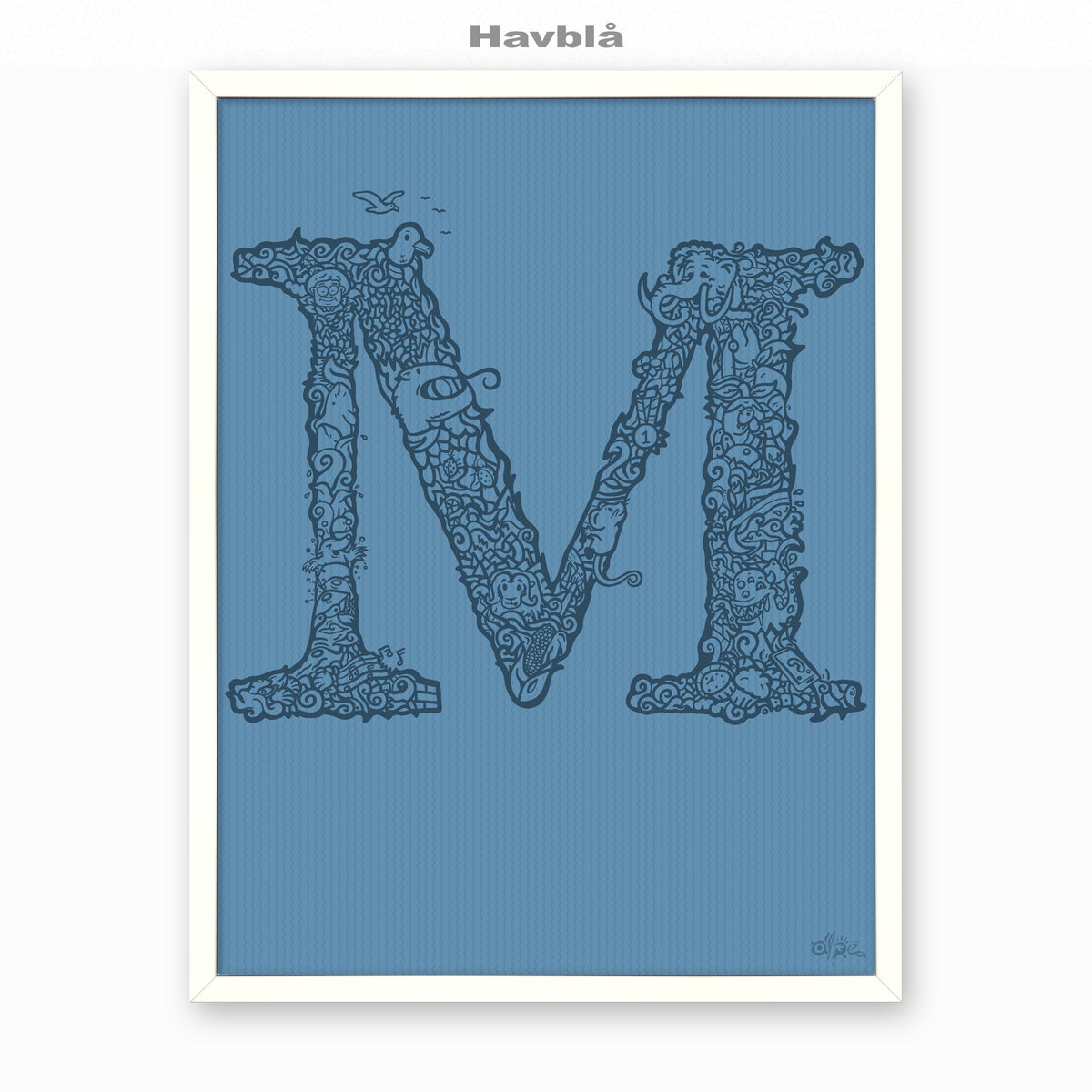 M, Danish Edition by Alpe, Havblå, in a White frame